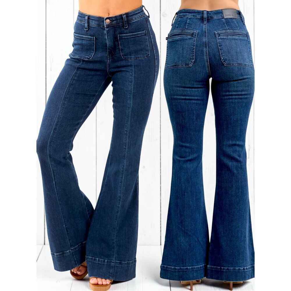 Judy Blue High Rise Flare Jeans Dark Wash Tummy Control Stretch Patch Pocket NEW
